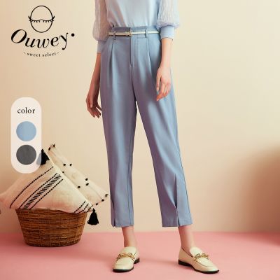 OUWEY歐薇 都會率性打摺縮口九分長褲(灰/淺藍)3213396605