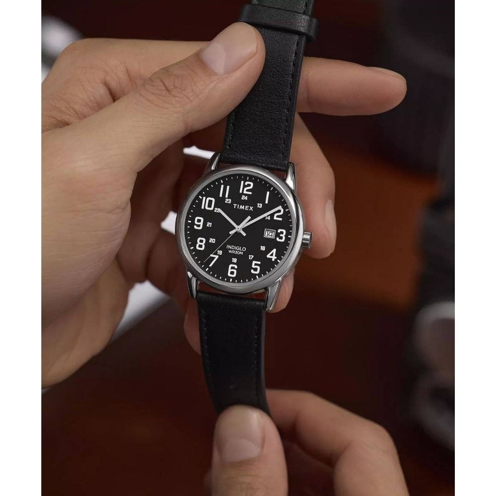 TIMEX 天美時 Easy Reader 38 毫米 經典簡約 皮革錶帶手錶(黑 TXTW2Y12800)