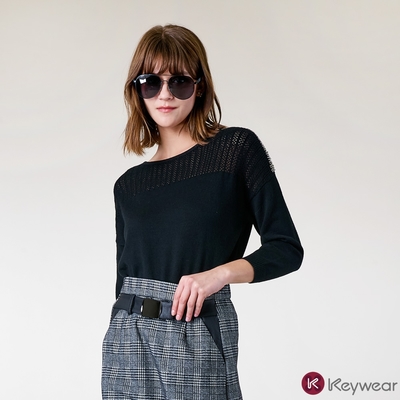 KeyWear奇威名品    低調奢華縫珠裝飾長袖毛衣-黑色
