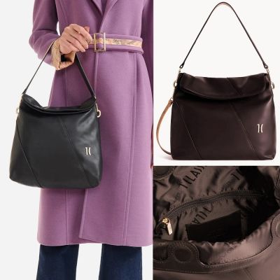 Alviero Martini 義大利地圖包 柔軟小牛皮 摺疊感肩揹側揹兩用包30cm-深咖啡