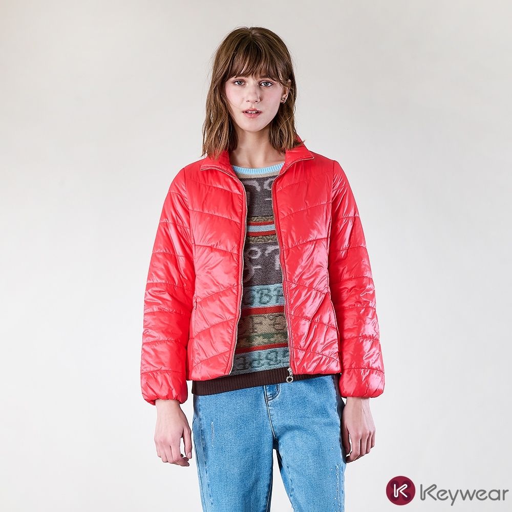 KeyWear奇威名品 純色分割結構鋪棉長袖外套-紅色