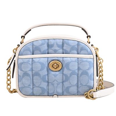 COACH LUNCHBOX 經典緹花C LOGO轉釦造型兩用鍊包(淺藍/白)