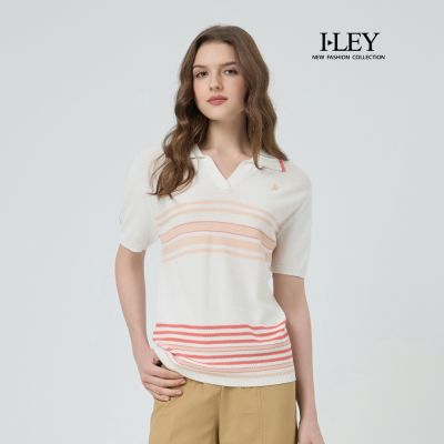 ILEY伊蕾 條紋POLO領縲縈針織上衣(白；M-XL)