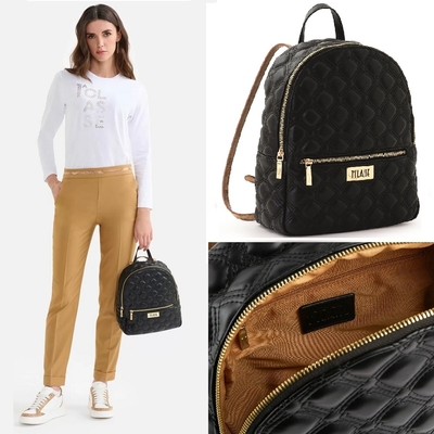 Alviero Martini 義大利地圖包 輕奢菱格紋 前口袋拉鍊後背包-黑色