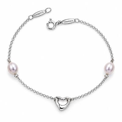 Tiffany&Co. 蒂芙尼 鏤空愛心粉色珍珠925純銀手鍊(展示品)