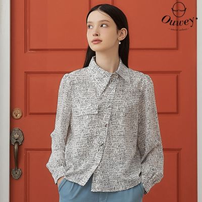 OUWEY歐薇 愛心字母印花斜襟襯衫上衣(白色；S-L)3241231502