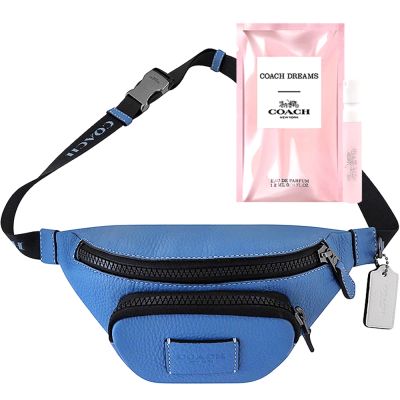 COACH 藍色荔枝紋皮革小型腰包/單肩背兩用包+品牌隨身小香