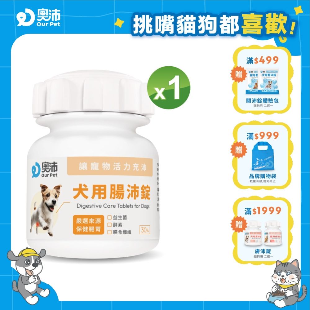 【奧沛 OurPet】犬用腸沛錠x1瓶(30顆/瓶)｜狗腸胃保健品｜益生菌｜菊苣纖維｜植物酵素｜蘑菇