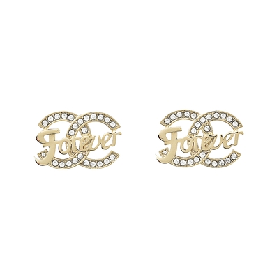 CHANEL雙C LOGO字母設計金屬鑲嵌水鑽穿式耳環(金)