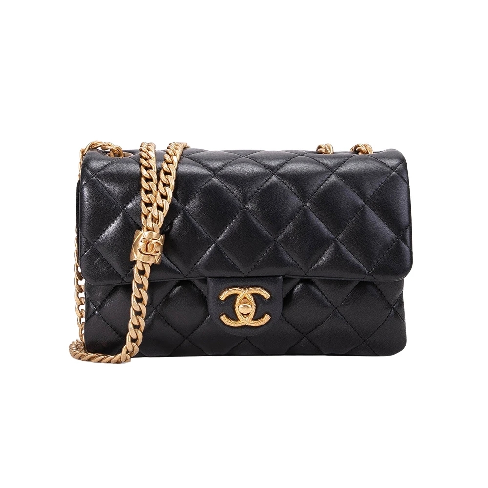 小物 CHANEL CHANEL AS3393 小羊皮金色金屬菱格菠蘿調節釦鍊帶口蓋包(黑色