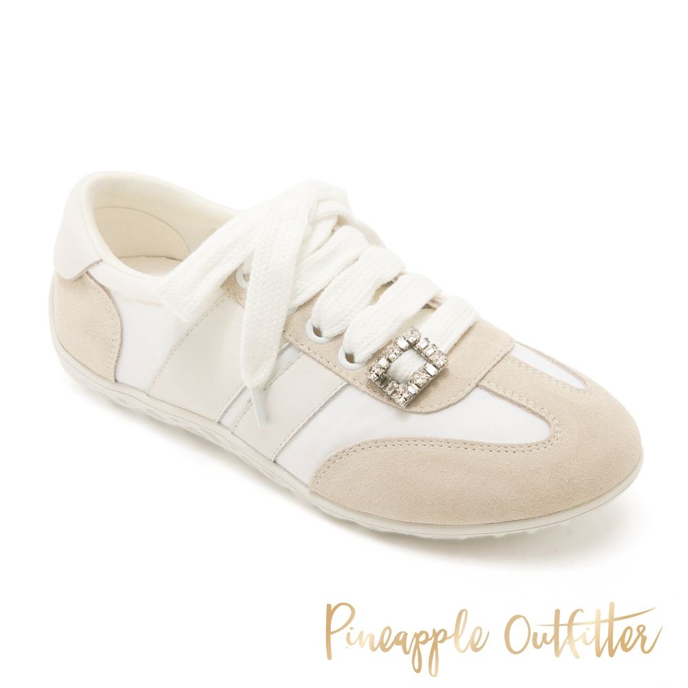 【Pineapple Outfitter】甜美拼接閃鑽釦是綁帶休閒鞋 CABIN-白色