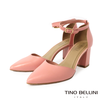 Tino Bellini 巴西進口尖頭一字帶繫踝7CM粗跟鞋 粉