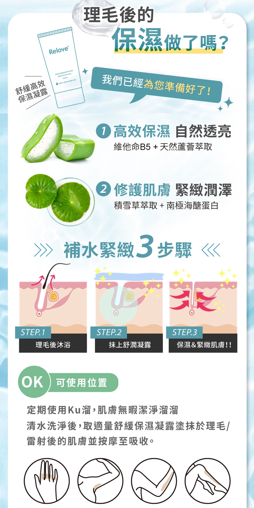 Relove® GEL舒緩高效    保濕凝露理毛後的保濕做了嗎?我們已經為您準備好了! 高效保濕 自然透亮維他命B5+天然蘆薈萃取② 修護肌膚 緊緻潤澤積雪草萃取+南極海醣蛋白補水緊緻步驟STEP.1STEP.2STEP.3理毛後沐浴抹上舒潤凝露保濕&緊緻肌膚!!OK 可使用位置定期使用Ku溜,肌膚無暇潔淨溜溜清水洗淨後,取適量舒緩保濕凝露塗抹於理毛/雷射後的肌膚並按摩至吸收。