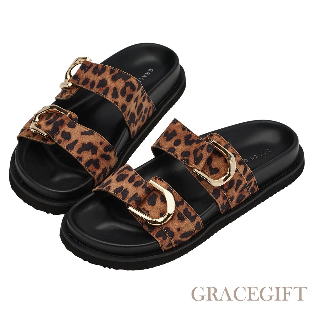 【Grace Gift】日光奶茶復古金屬扣雙帶拖鞋 小豹紋