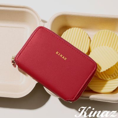 KINAZ 細緻牛皮三層ㄇ型拉鍊卡片零錢包-櫻桃糖-迷你系列