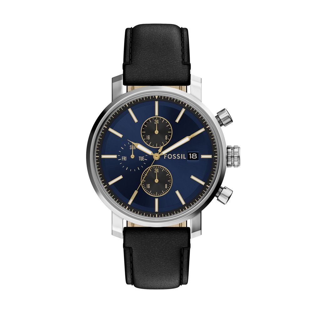 FOSSIL 搶眼定番都會三眼時尚腕錶-銀黑X藍-BQ2933-42mm