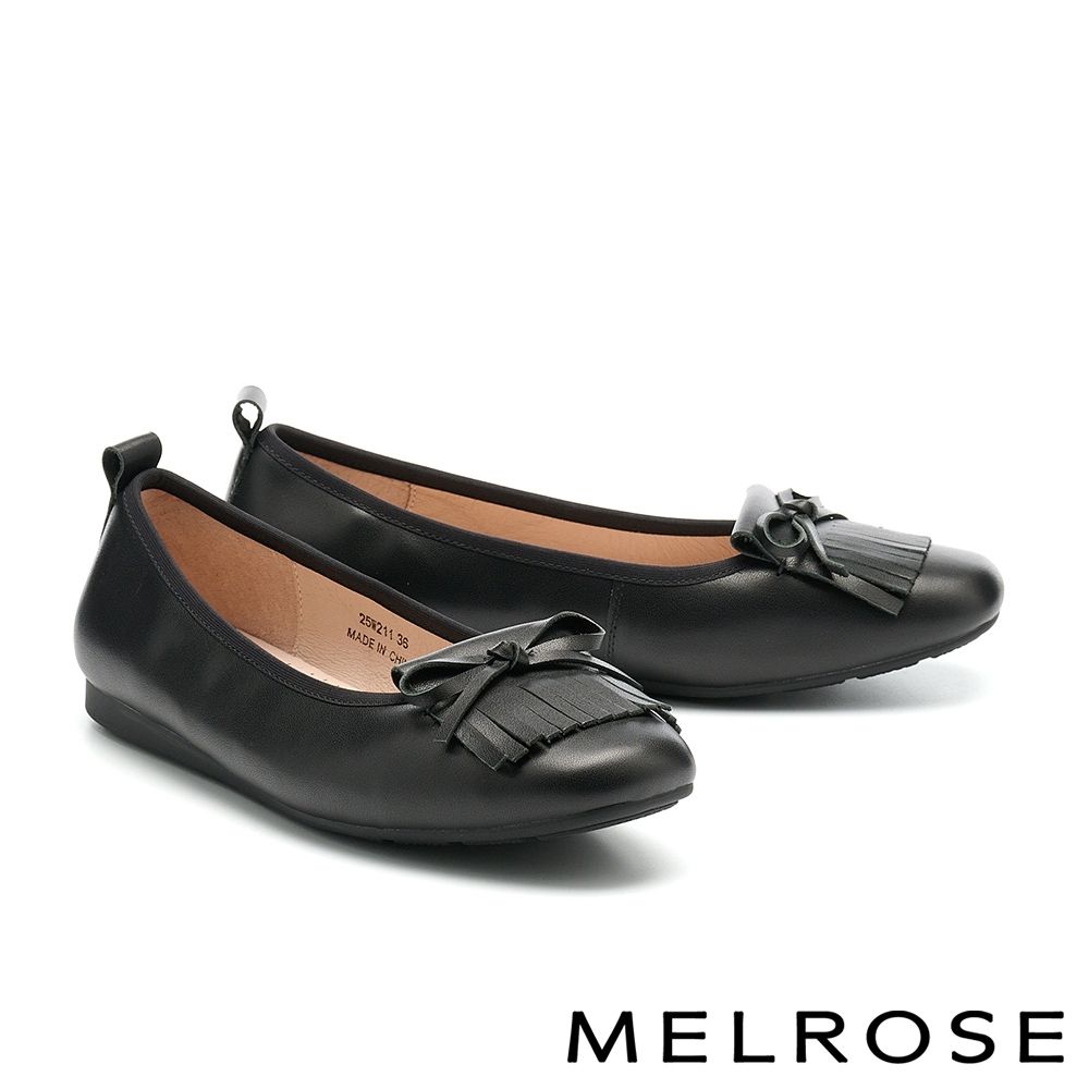 平底鞋 MELROSE 美樂斯 復古氣質蝴蝶結流蘇牛皮圓頭平底鞋－黑