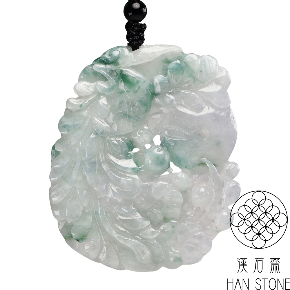 天然石　本翡翠　翡翠　A貨　花件　縁起　彫刻　ノリゲ　韓国　玉 漢石齋】天然翡翠A貨鳳凰如意玉佩吊墜冰糯種飄花(46*56*6mm) | 漢石齋