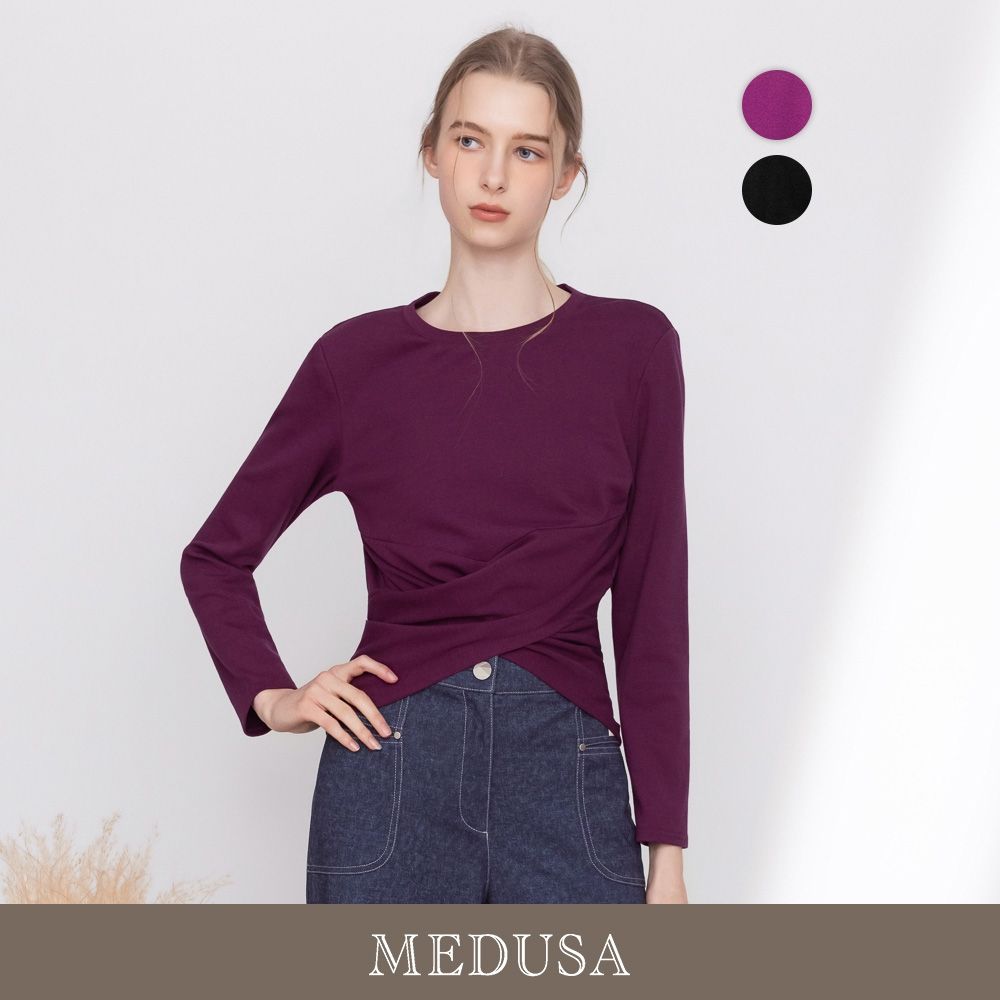 現貨【MEDUSA 曼度莎】設計款 交叉收腰超顯瘦長袖T恤 - 2色（M-XL）｜長袖T恤 顯瘦上衣 女休閒上衣 (紫)