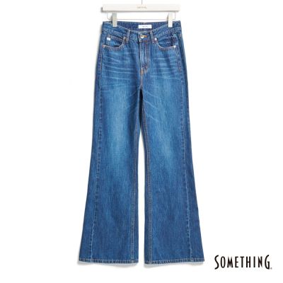 SOMETHING 女裝 斜剪接無彈丹寧靴型褲-中古藍