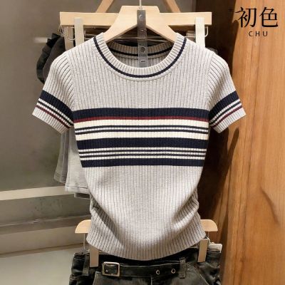 初色 通勤風撞色條紋圓領短袖修身顯瘦針織打底上衣女上衣-灰色-19153(F可選)