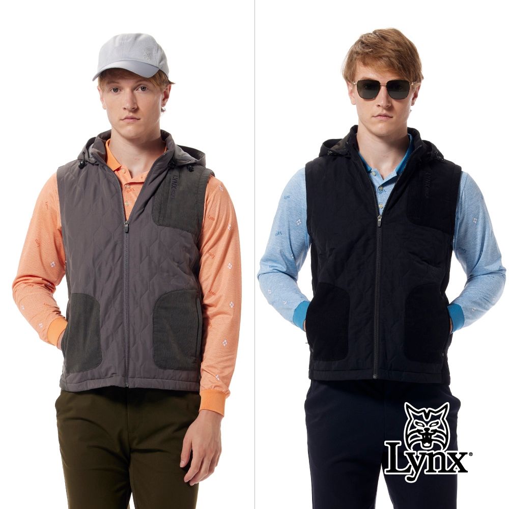 【Lynx Golf】男款石墨烯遠紅外線保暖抑菌除臭剪裁配布設計壓線造型拉鍊胸袋無袖可拆式連帽背心(二色) (灰色)