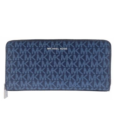 MICHAEL KORS Jet Set 藍色MK花紋防水布拉鍊長夾