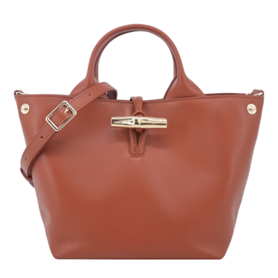 LONGCHAMP LE ROSEAU系列金屬竹節滑面小牛皮手提/斜背兩用包(小/樹皮紅)