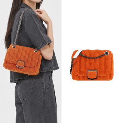 LONGCHAMP BRIOCHE EPONGE系列小綿羊皮拼接棉質帆布翻蓋鏈帶斜背包(小/柳橙)