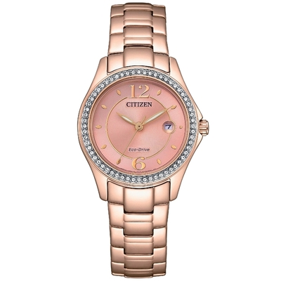 CITIZEN 星辰 母親節推薦款光動能水晶奢華女錶-粉x金 FE1253-80X