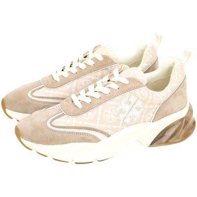 TORY BURCH Good Luck 滿版Logo緹花布拼接麂皮繫帶運動鞋(米白色)