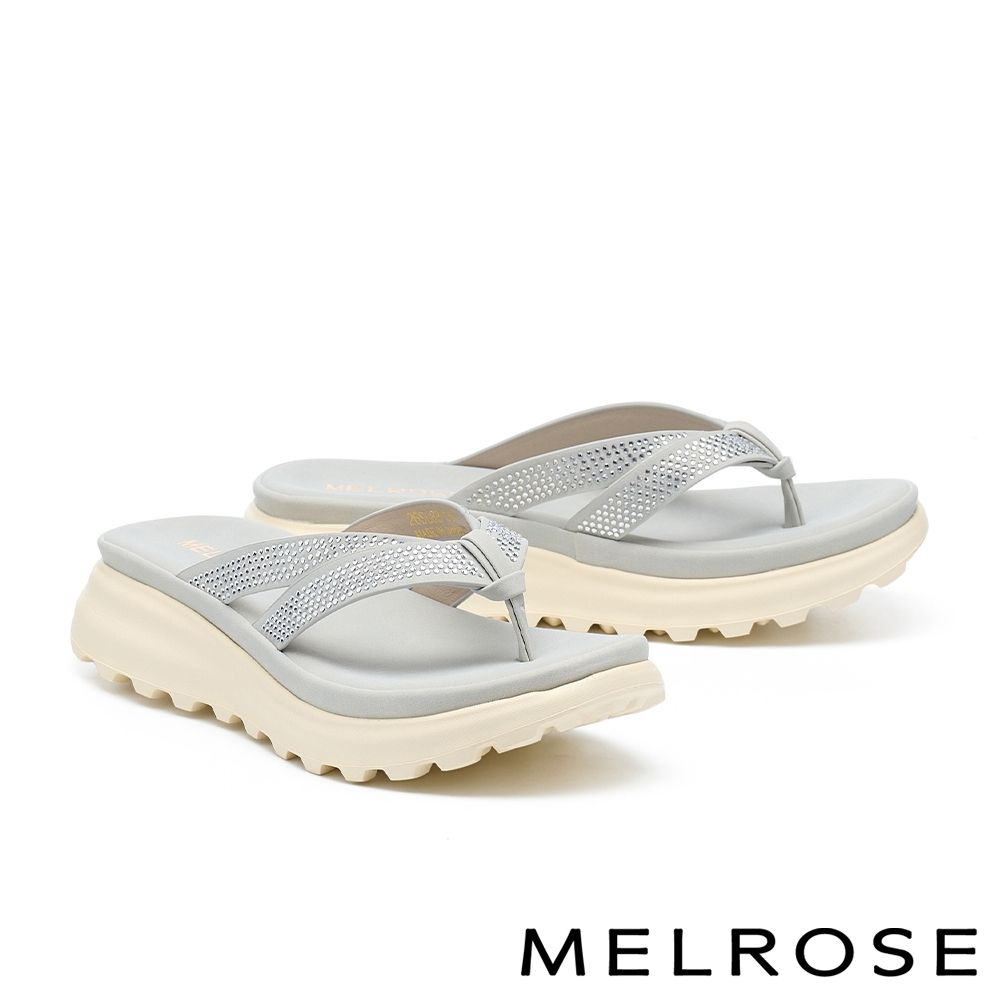 拖鞋 MELROSE 美樂斯 精緻率性燙鑽人字雙寬帶厚底拖鞋－灰