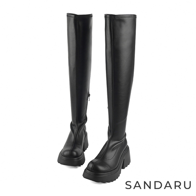 山打努SANDARU-長靴 車縫線波浪厚底過膝靴-黑