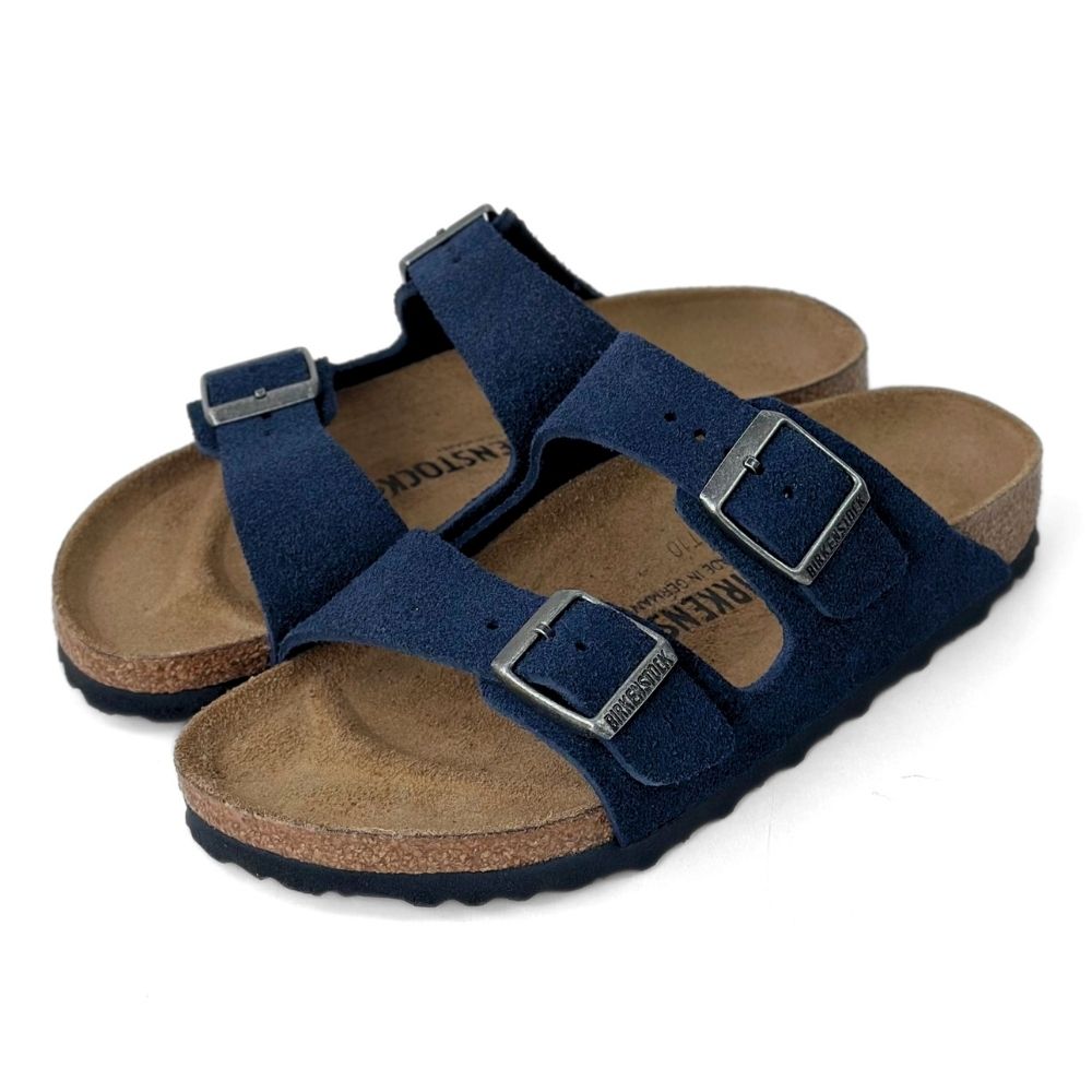 Birkenstock Arizona Suede 男 窄版雙帶扣環麂皮露趾拖鞋 深藍色 真皮勃肯亞利桑那 平底休閒涼鞋 1030895