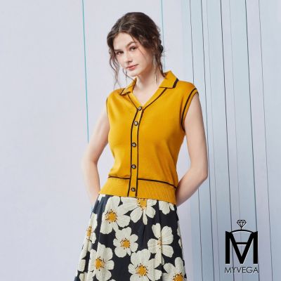 MYVEGA麥雪爾 MA翻領撞色針織上衣-黃