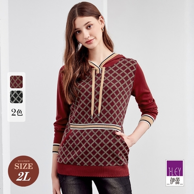 ILEY伊蕾 古典花紋撞色織帶連帽口袋針織上衣(兩色；M-2L)1224405109