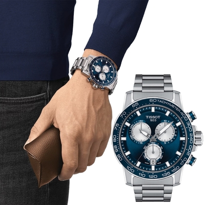 TISSOT天梭 官方授權 Supersport 三眼計時手錶 開學換新季 送禮推薦-45.5mm/銀x藍 T1256171104100