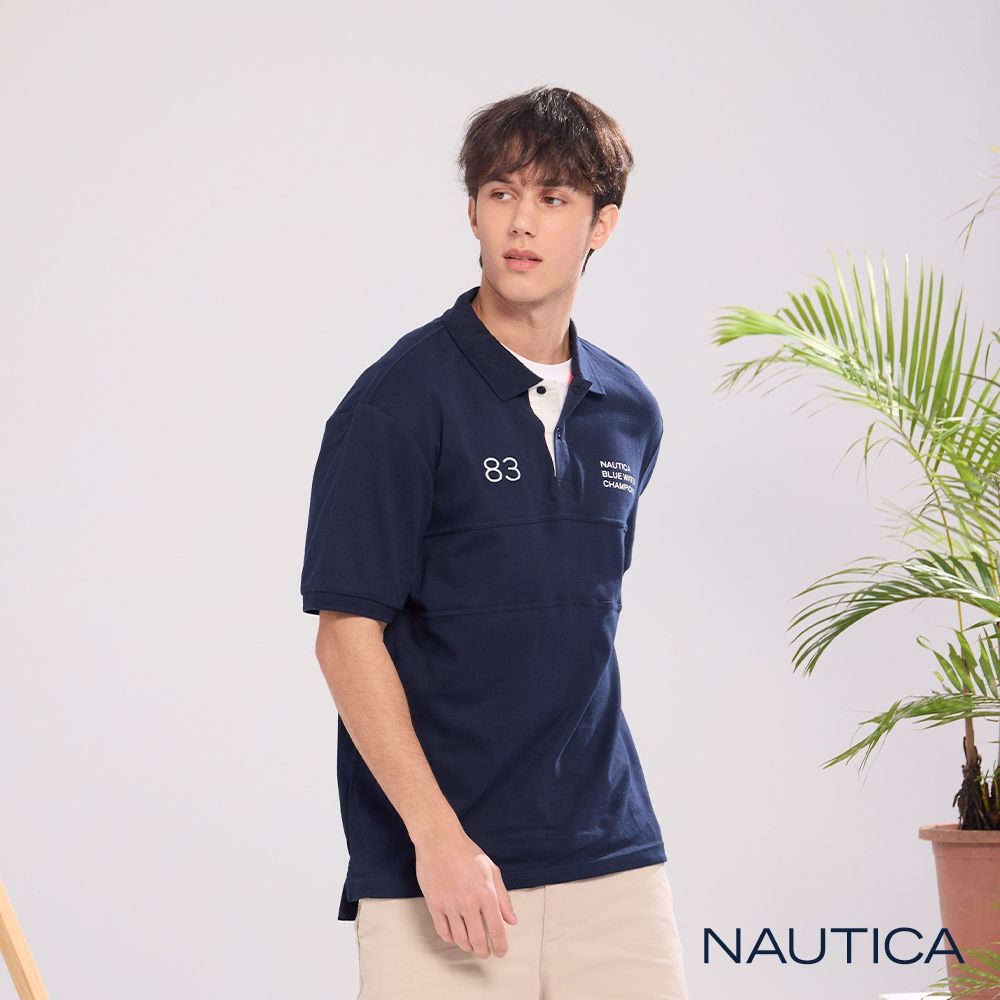 Nautica 官方旗艦 男裝 撞色門襟英倫運動風短袖POLO衫-深藍色