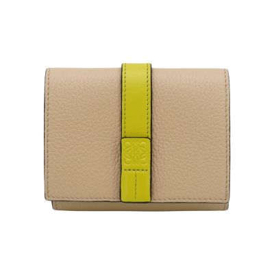 二手品 Loewe 羅威 牛皮拚色雙面釦式短夾(米/黃)