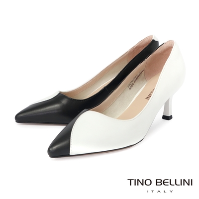 Tino Bellini 極簡撞色羊皮尖頭6.5CM跟鞋 白