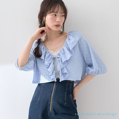 earth music 荷葉摺邊V領短版罩衫上衣