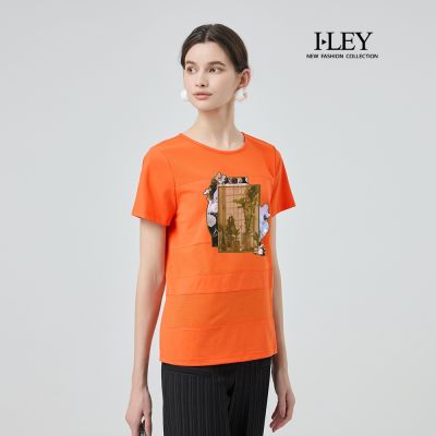 ILEY伊蕾 網布印花拼接棉質上衣(桔；M-2L)