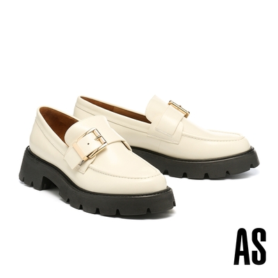 厚底鞋 AS 時尚品味方釦寬帶啞光牛油皮樂福厚底鞋－米