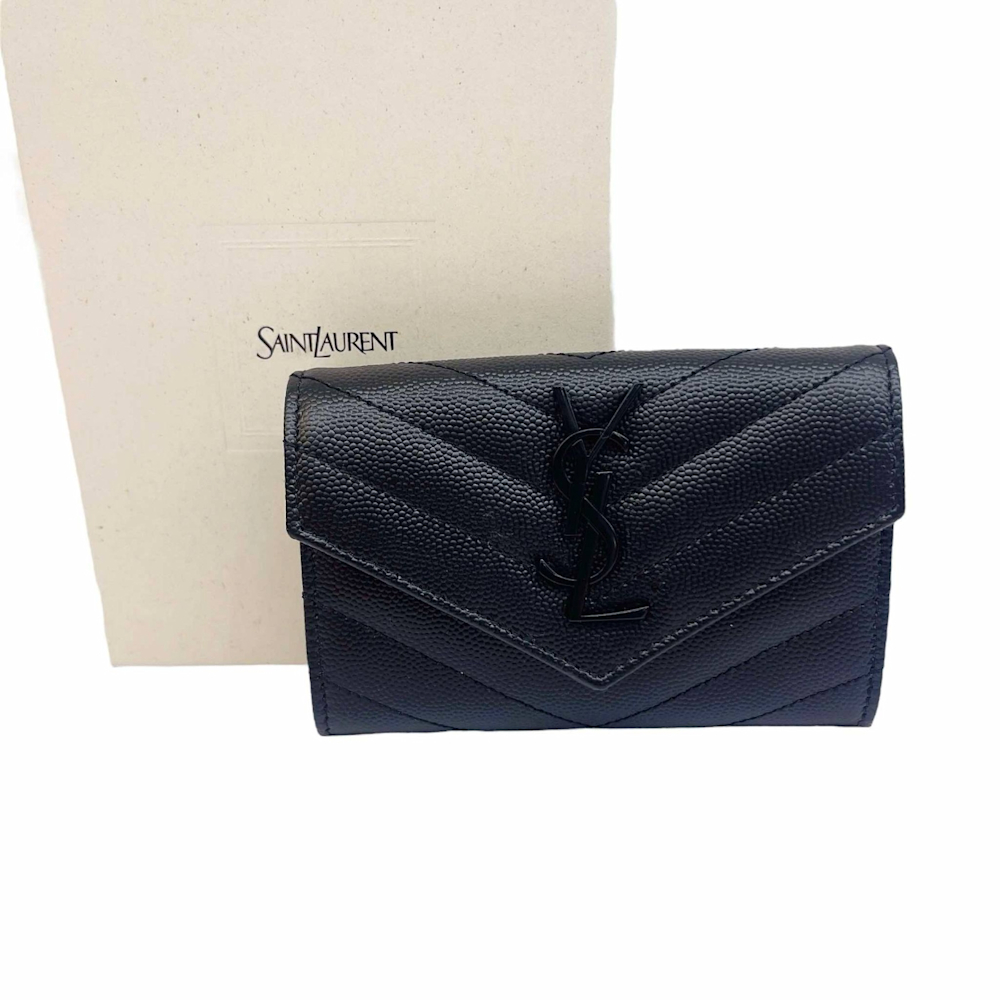 YSL Saint Laurent 字母 LOGO小牛皮V字車線名片名片夾/卡片夾/零錢包(SO BLACK)