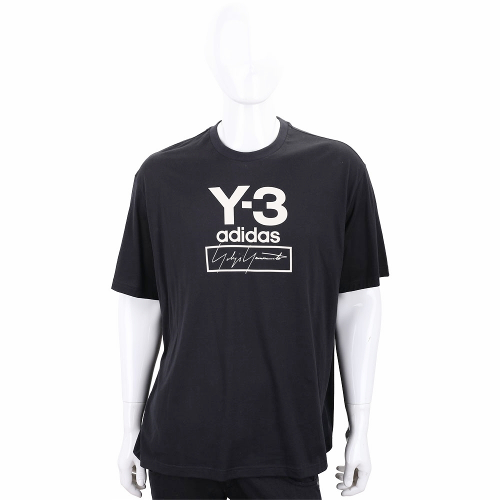 Y-3 Adidas YOHJI YAMAMOTO 草簽字母寬鬆版黑色棉質短袖T恤(男/女可穿