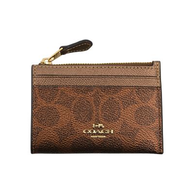COACH金屬珠光古銅色C Logo PVC 拼接防刮皮前卡夾鑰匙零錢包