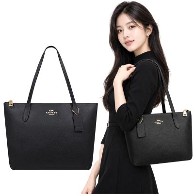 COACH 黑色防刮皮革手提/托特包-中型