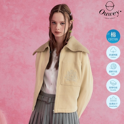 OUWEY歐薇 學院風刺繡大翻領外套(杏色；S-M)3234134001