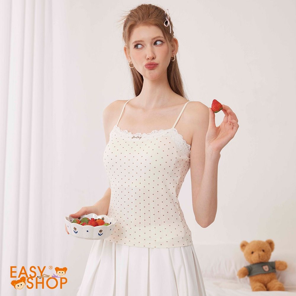 EASY SHOP-BRA TOP細帶平口背心-圓點咖