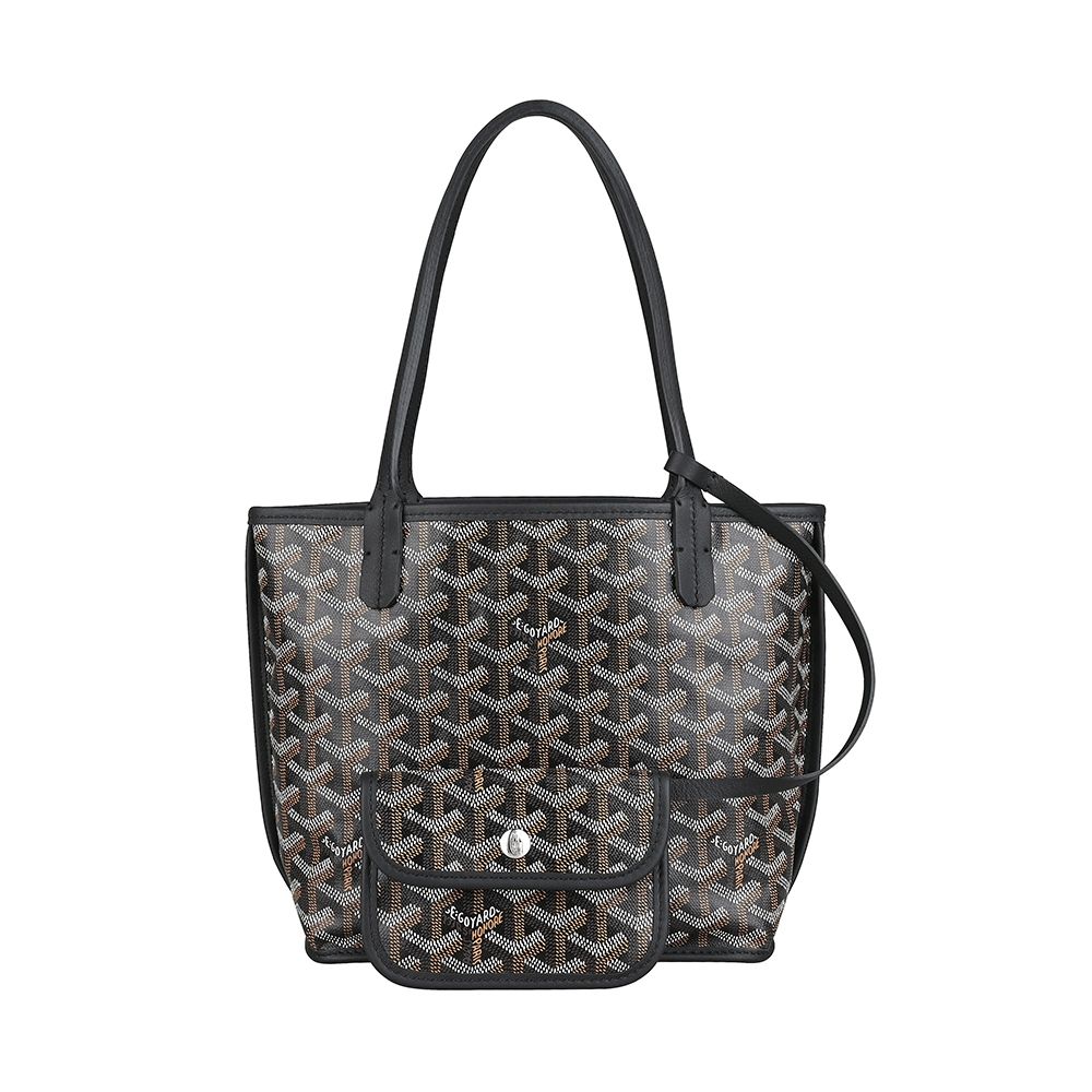 GOYARD Anjou幾何圖形LOGO塗層帆布拼小牛皮開口式手提肩背子母雙面托特包(迷你/黑x多色)